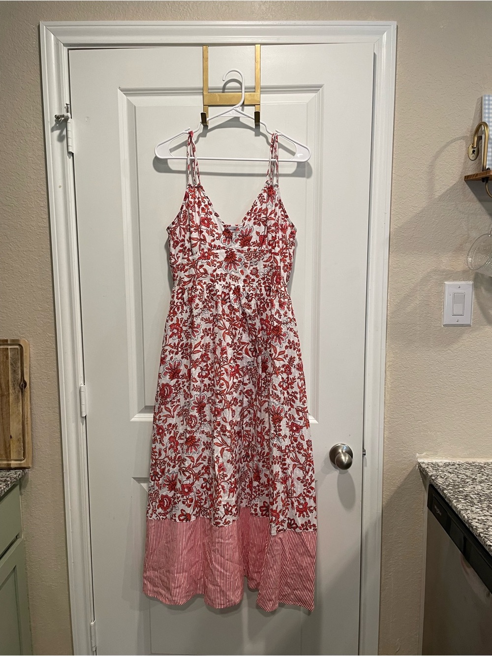 Ellen Tracy White and Red Floral Midi Dress with Striped Hem